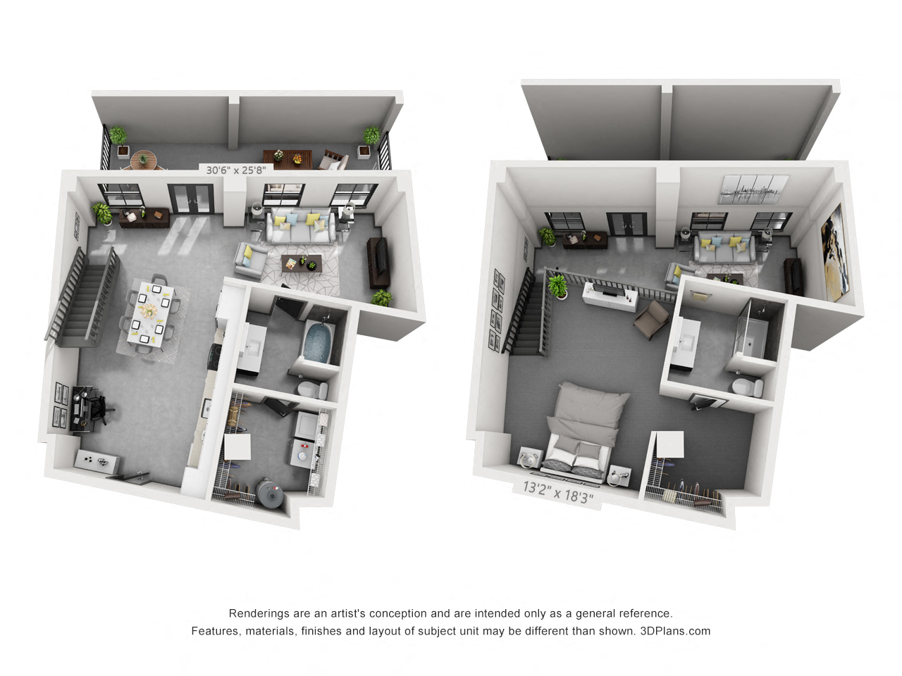 Floor plan for 1 bed, 2 baths, 1185 sqft